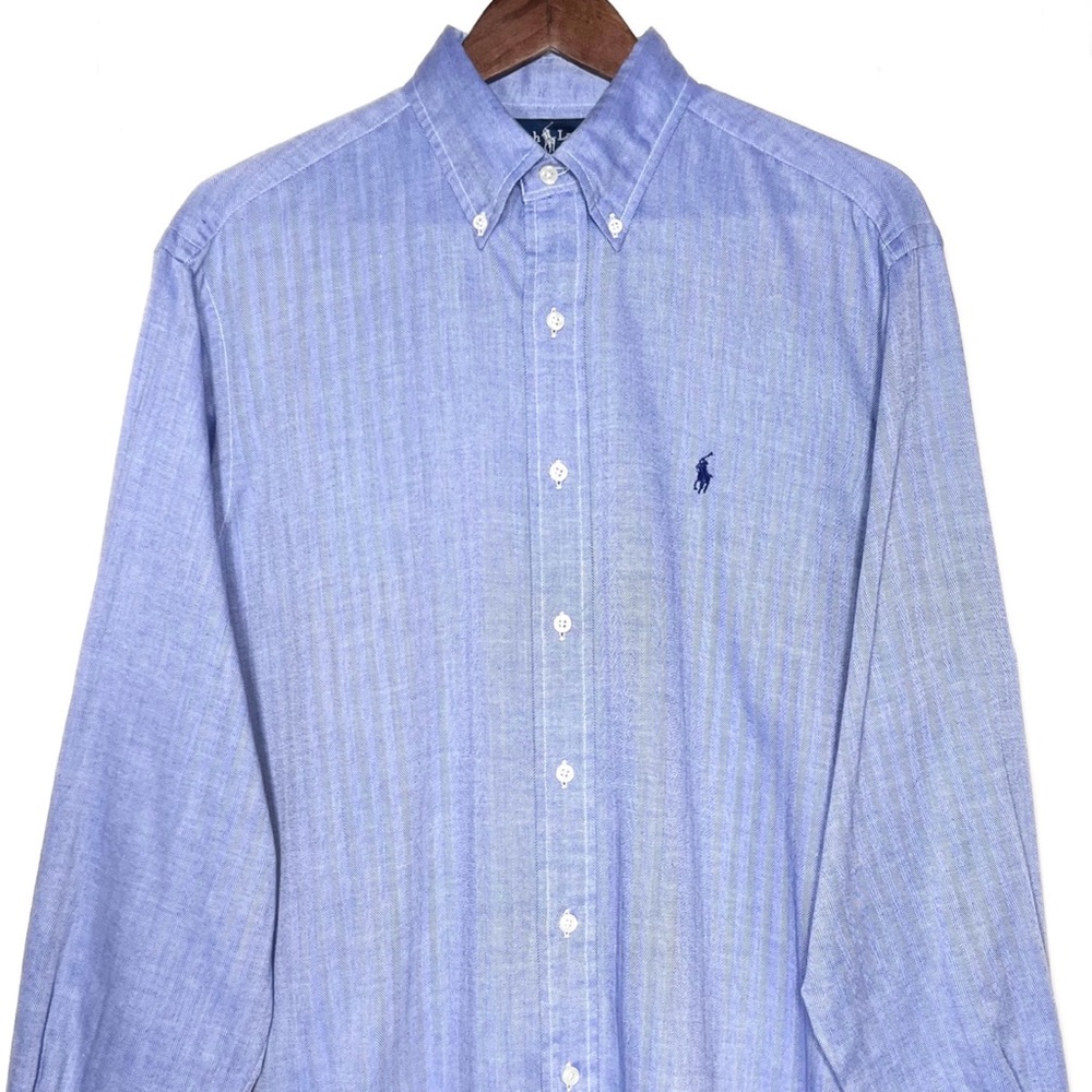 Polo Mens Blue Herringbone Striped Long Sleeve Buttondown Shirt - Picture 3 of 11